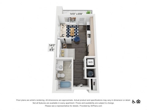 Floor plan for studio, 1 bath, 489 sqft